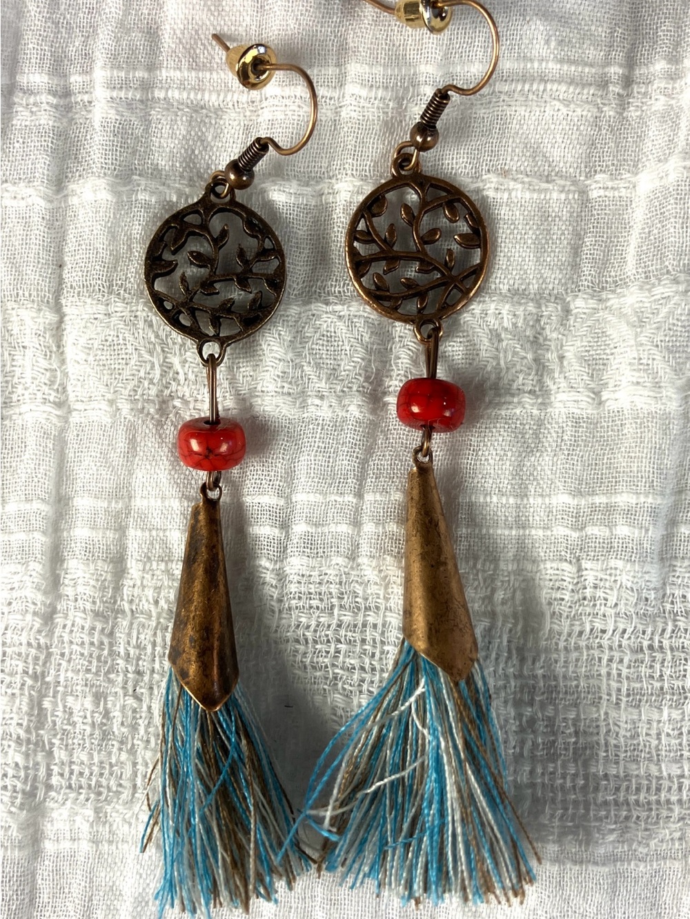 Bohemian Red Bead & Teal Tassel Drop Earrings - Unbranded